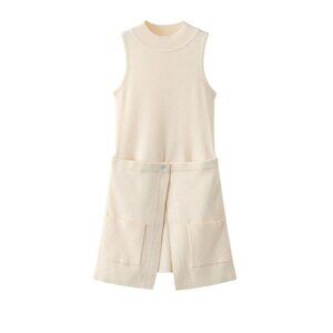 ZARA Girls’ Knit Romper Set with Front Patch Pockets – Cream/Ivory – Youth Size